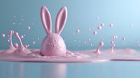 Pink Easter egg with bunny ears splashing in liquid against blue background with floating droplets for holiday celebration designs.