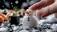 Festive winter sushi composition with tiny snowman made of rice and sushi roll decorated with dill garnish on dark background with snow effect and bokeh lights.