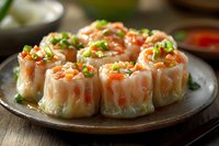 Fresh steamed shrimp dumplings garnished with green onions and chili sauce on rustic ceramic plate, traditional dim sum appetizer served at Asian restaurant.