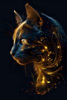 Mystical black cat profile with glowing golden ornamental patterns and magical swirls emerging from fur against dark background, fantasy art style composition.