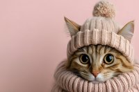Adorable tabby cat wearing warm knitted beige winter hat and scarf looking at camera with big eyes against pink background. Close up portrait with copy space.