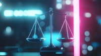 Glowing scales of justice on blurred neon background with blue and pink lights. Legal system symbol balanced on dark backdrop with bokeh effect. Suitable for law firm marketing.