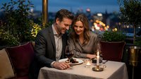 Romantic couple enjoying intimate dinner date on restaurant terrace with city lights background during evening hours creating perfect atmosphere for celebration.