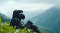 Majestic gorilla sitting in lush green vegetation against backdrop of misty mountains, contemplating the vast wilderness landscape in natural habitat.