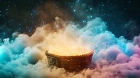 Empty woven basket floating in mystical clouds against starry night sky background with turquoise and pink cosmic fog, dreamy celestial atmosphere.