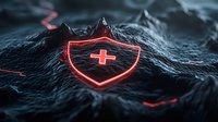 Glowing red medical shield protection symbol on dark textured surface with dramatic lighting and mountain-like formations creates futuristic healthcare security concept.
