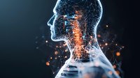 Digital human silhouette with glowing orange neural network pattern on dark background representing artificial intelligence and brain technology.