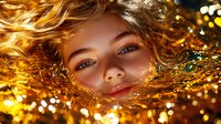 Young woman with flowing golden hair surrounded by magical glowing bokeh lights and sparkles, creating ethereal atmosphere with bright blue eyes and gentle smile.