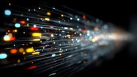 Abstract fiber optic cables with glowing light trails and colorful bokeh effects on dark background for technology and communication concepts.