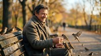 Middle-aged man with dark hair and light skin, wearing a brown jacket, sitting on a park bench feeding birds during autumn. Suitable for lifestyle, nature, and seasonal content.