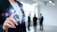 Businessman in dark suit touching digital security interface with glowing padlock icons and data visualization, representing cybersecurity and network protection in corporate environment.