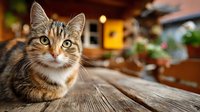 Tabby cat with bright eyes resting on rustic wooden table in cozy outdoor cafe setting with blurred warm background.