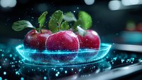 Fresh red apples with water drops on glass plate surrounded by magical glowing blue light effects and sparkles against dark background, food art concept.