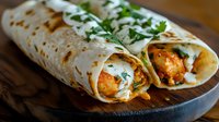 Delicious chicken tikka wraps with fresh herbs and creamy sauce on wooden board, perfect for lunch menu photography and food advertising campaigns.
