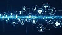 Medical technology network with healthcare icons and digital connections on blue background for modern medicine and telemedicine applications.