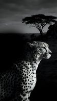 Cheetah in profile gazing across African savanna landscape with acacia tree and dramatic cloudy sky, monochrome wildlife photography for nature and conservation projects.