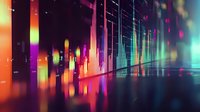 Futuristic data center with colorful neon lights reflecting on server racks, creating vibrant digital atmosphere for technology and computing concepts.