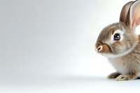 Adorable brown bunny rabbit with white fur details on isolated white background, looking curiously to side. Close-up portrait showing soft texture and expressive eyes.