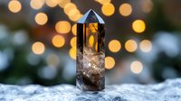 Smoky quartz crystal point standing on snow with golden bokeh lights in background, creating magical winter atmosphere for spiritual and wellness designs.