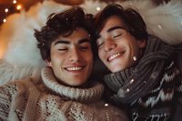 Young Hispanic couple sharing intimate moment in winter attire, smiling with eyes closed, wearing cozy knit sweaters and scarves, romantic holiday atmosphere with bokeh lights.