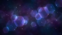 Glowing hexagonal shapes float in dark space with sparkling particles and purple blue light effects, suitable for tech and science backgrounds.