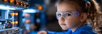Young Caucasian girl wearing safety goggles in modern laboratory conducting scientific experiment with focused concentration and curiosity.