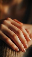 Close-up of elegant female hands with natural manicure resting on textured surface in warm ambient lighting, creating intimate atmosphere.