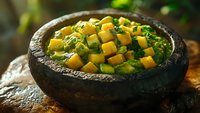 Fresh mango and avocado salad served in traditional stone molcajete bowl with cilantro and lime dressing, close up view in natural lighting.