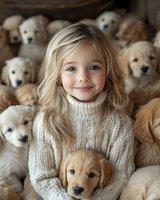 Young Caucasian girl with blonde hair wearing cream knit sweater surrounded by adorable golden retriever puppies, expressing joy and warmth in cozy indoor setting.