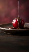 Fresh red cherry with melted chocolate dripping on ceramic plate against warm burgundy background for gourmet dessert and confectionery concepts.