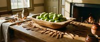 Rustic kitchen scene with fresh green apples in wooden bowl and cinnamon sticks on farmhouse table near cozy fireplace creating warm homey atmosphere.