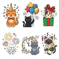 Isolated cartoon cat and celebration clipart set featuring orange tabby, black cat with balloons, kitten with gift box, fireworks, clock, and champagne bottle on transparent background for party design projects.