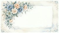 Watercolor floral frame with blue and blush roses, eucalyptus leaves, and delicate botanical elements on cream background. Suitable for wedding invitations, greeting cards, and stationery design.