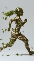 Running figure silhouette made from fresh green salad leaves, quinoa grains and yogurt pieces on light background, representing healthy lifestyle and nutrition.