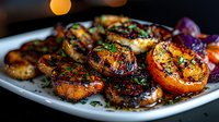 Succulent grilled shrimp with charred marks glazed in sweet and savory marinade, garnished with fresh herbs and served on white plate, close up food photography.