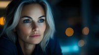 Professional blonde businesswoman portrait with city lights bokeh background for corporate marketing and executive headshot photography.