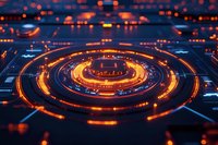 Glowing orange and blue circular technology pattern with futuristic circuit board design elements creating dynamic concentric rings against dark background.