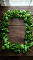 Fresh herb wreath with basil, parsley and mint arranged on rustic wooden table by window for culinary cooking and natural kitchen decoration.
