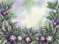 Turnips with purple roots and green leafy tops arranged as a border frame on soft watercolor background, suitable for agricultural, gardening, cooking, and food-related design projects.
