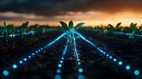 Glowing blue lights illuminate rows of young plants in dark soil against dramatic sunset sky, creating futuristic agricultural landscape with bioluminescent technology.
