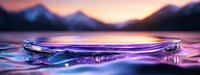 Transparent glass platform floating on serene mountain lake at sunset with purple reflections and ripples for product display mockup.