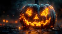 Glowing carved pumpkin with fiery light emerging from within against dark background, creating spooky Halloween atmosphere with floating embers and smoke effects.