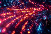 Digital data stream with glowing binary code and light trails creating futuristic cyber technology background for presentations and web design.