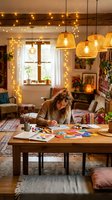 Young woman artist painting at wooden table in cozy bohemian home studio with warm string lights and wicker pendant lamps creating creative workspace atmosphere.