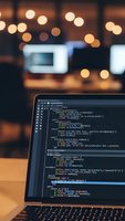Laptop displaying colorful programming code on screen in modern office workspace with warm bokeh lights creating cozy developer atmosphere for tech projects.