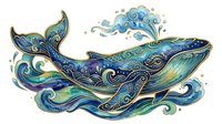Decorative whale with ornate swirling patterns in blue and gold tones, featuring flowing water elements and splashes, suitable for marine-themed designs and artwork.