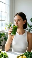 Young woman of mixed ethnicity drinking fresh green juice by bright window with potted plants, promoting healthy lifestyle and wellness beverages for nutrition and detox content.