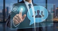 Professional businessman touching digital interface with team management icons and speech bubble in modern office environment for corporate communication.