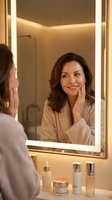 Middle-aged Hispanic woman in bathrobe touching face while looking in illuminated bathroom mirror during morning skincare routine in luxury spa setting.