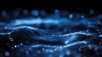 Glowing blue wave pattern with luminous particles floating in dark space creates futuristic technology visualization effect. Abstract digital background for tech presentations.